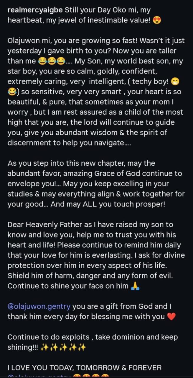 Mercy Aigbe prays to God as son turns 15