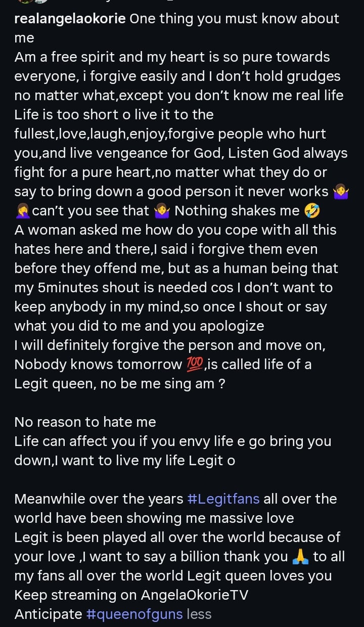 Angela Okorie says she is a free spirit