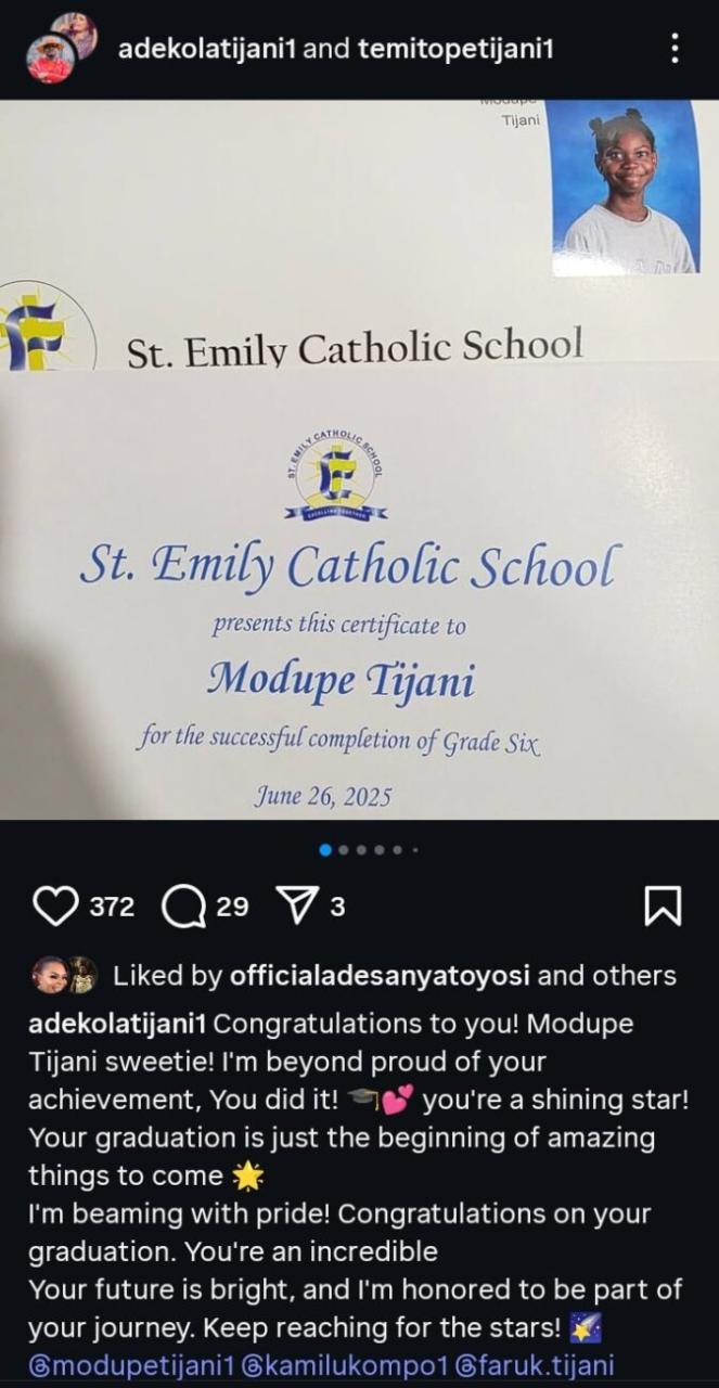 Adekola Tijani daughter graduates from grade six
