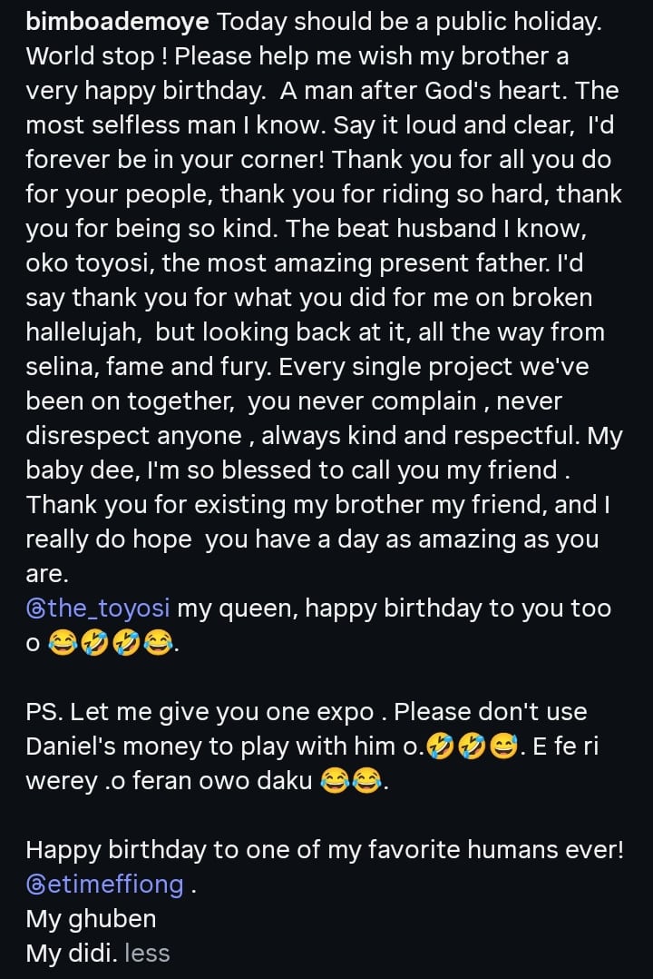 Bimbo Ademoye celebrates Etim Effiong birthday