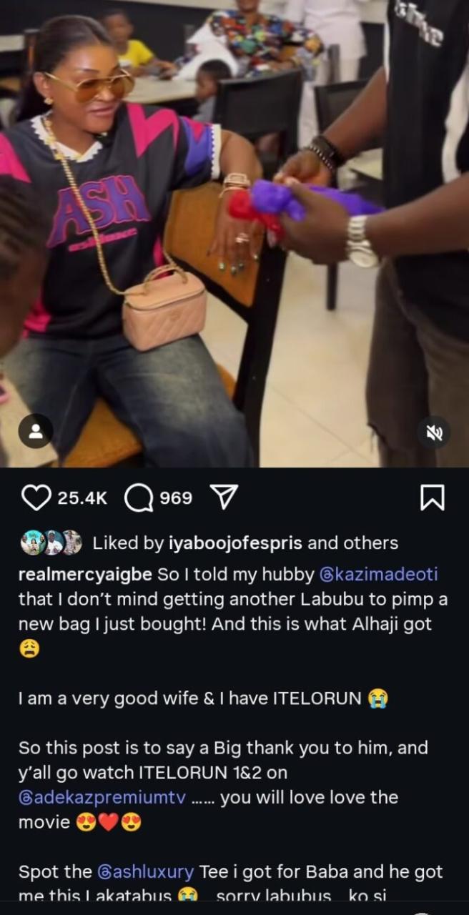Kazim Adeoti surprises Mercy Aigbe with Labubu