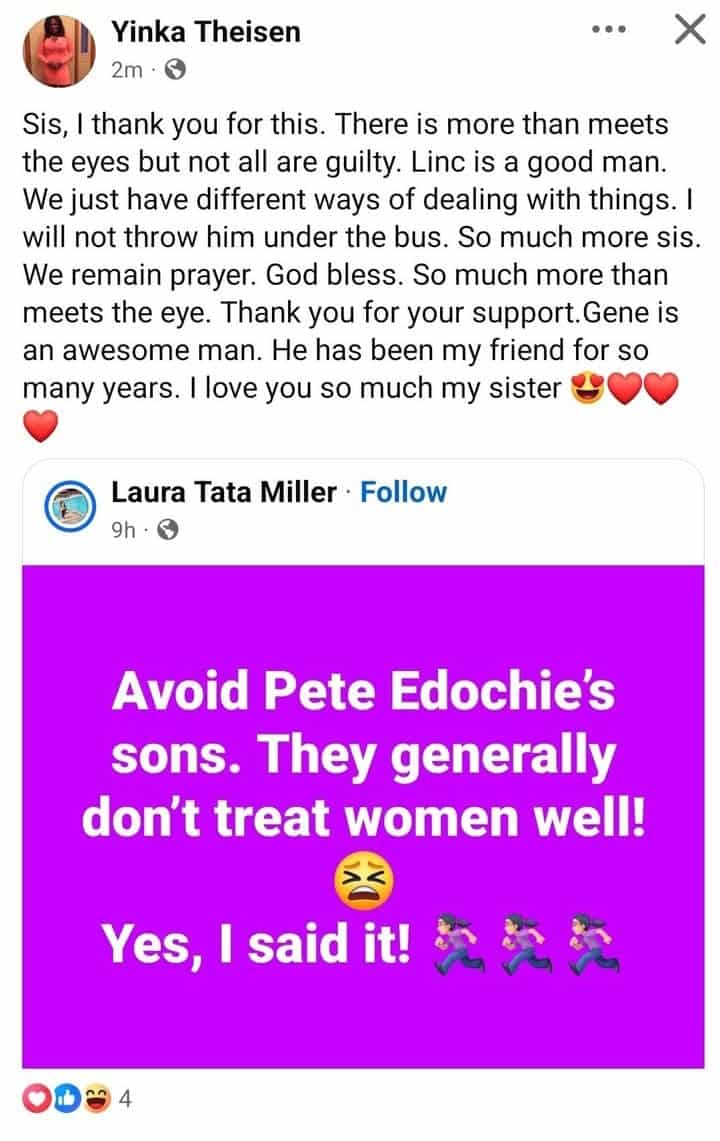 Yinka Theisen replies lady who says avoid Pete Edochie's sons