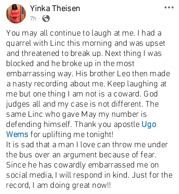 Yinka Theisen slams Linc Edochie for cowardly embarrassing her