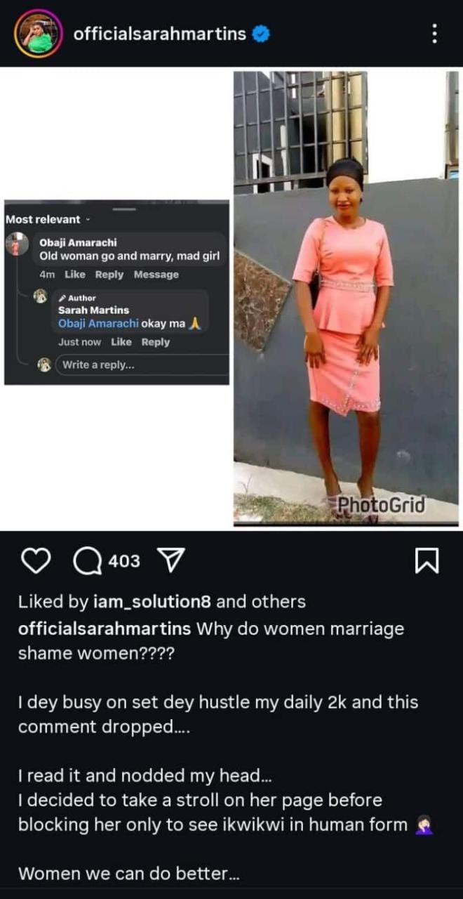 Sarah Martins queries women for marriage shaming others