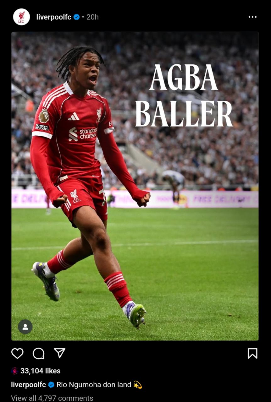 Liverpool fans in Nigeria had plenty to cheer about this week after the club’s official Instagram account appeared to embrace 16-year-old sensation Rio Ngumoha as one of their own.