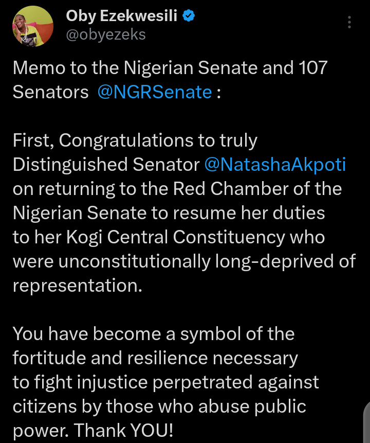 Ezekwesili Reacts As She Shares Photos Of Natasha Smiling After Resuming At The National Assembly Ezekwesili Reacts As She Shares Photos Of Natasha Smiling After Resuming At The National Assembly