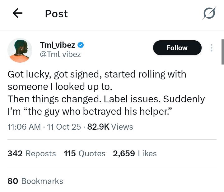 TML Vibez Opens Up On Feud With Mentor, Seyi Vibez Amid Label Disputes TML Vibez Opens Up On Feud With Mentor, Seyi Vibez Amid Label Disputes