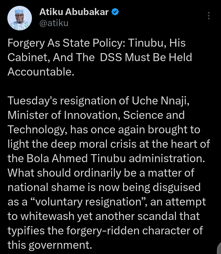 What Makes This More Embarrassing Is That Same DSS Which Screened Out El-Rufai Cleared Nnaji- Atiku Reveals